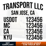 company name, location, usdot, mc, ca & kyu decal sticker
