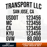 company name, location, usdot, mc, ca, kyu & gvw decal sticker