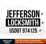 2 Line Inverted Company Name + 1 Line Location/Regulation Decal (Set of 2)