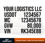 business name, usdot, mc,gvw vin truck decal cab set