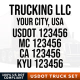 trucking company name, location, usdot, mc, ca kyu number decal