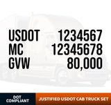 usdot mc gvw truck decal cab set