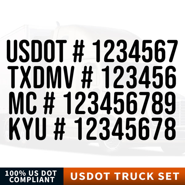 USDOT, TXDMV, MC & KYU Truck Cab Set Lettering Decal Sticker USDOT, TXDMV, MC & KYU Truck Cab Set Lettering Decal Sticker